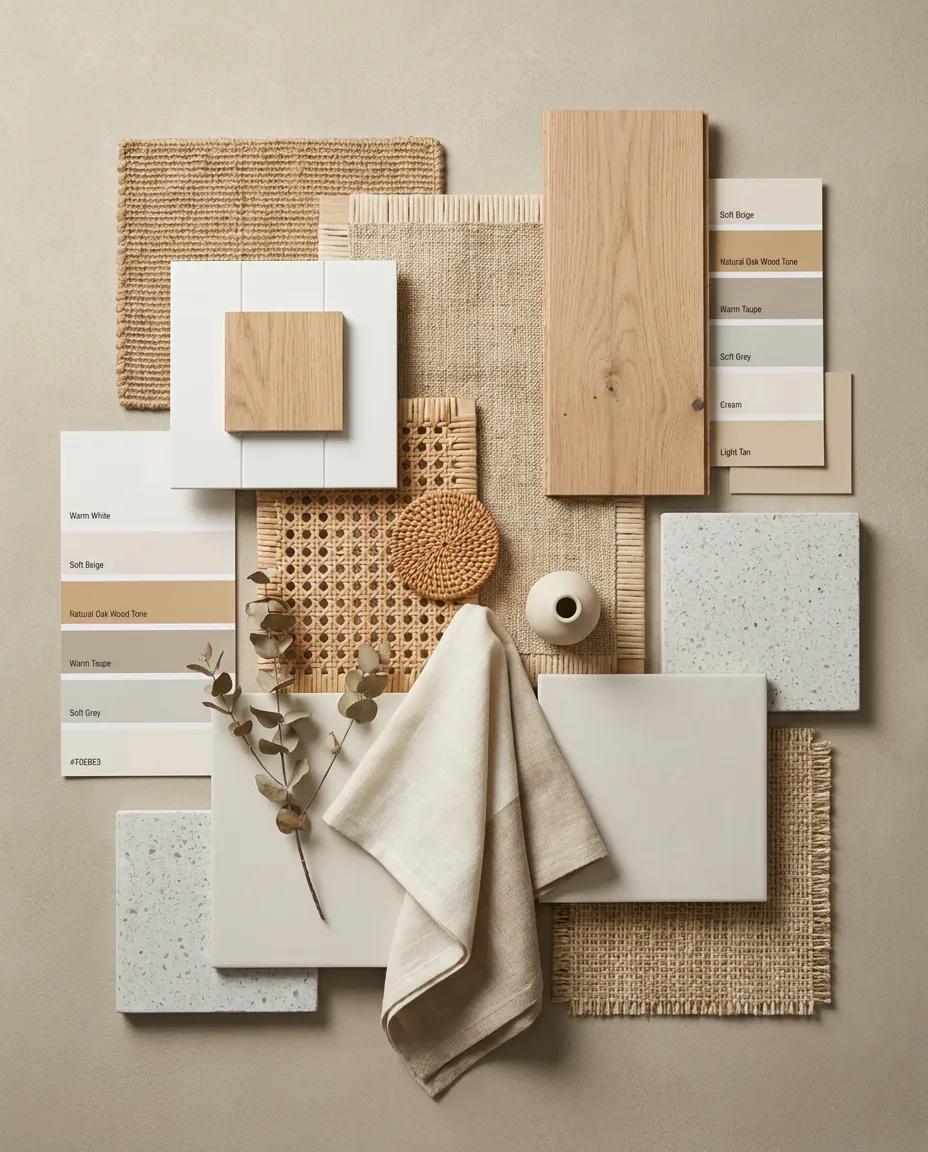 Zachte ton-sur-ton tinten gecombineerd met natuurlijke structuren voor een rustig maar gelaagd geheel.
